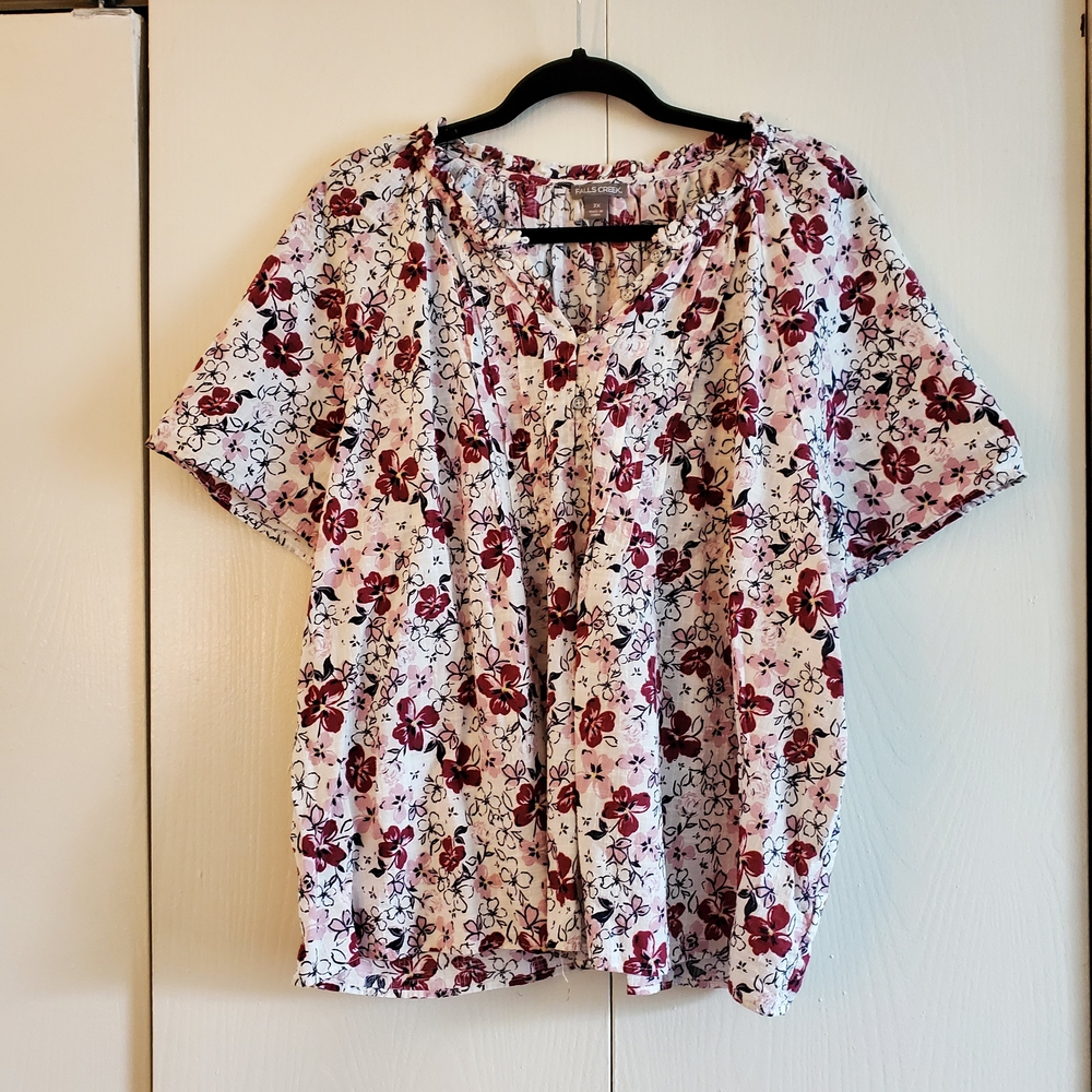 Falls Creek Floral Button Down Shirt - Red and White